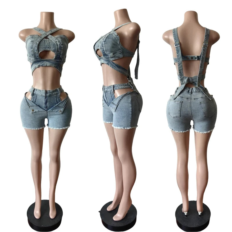 Sexy Jean Women Short Sets Straps Denim Crop Top and Cut Out Shorts Set 2025 Summer Clothes Streetwear Two 2 Piece Club Outfits Majesty Me