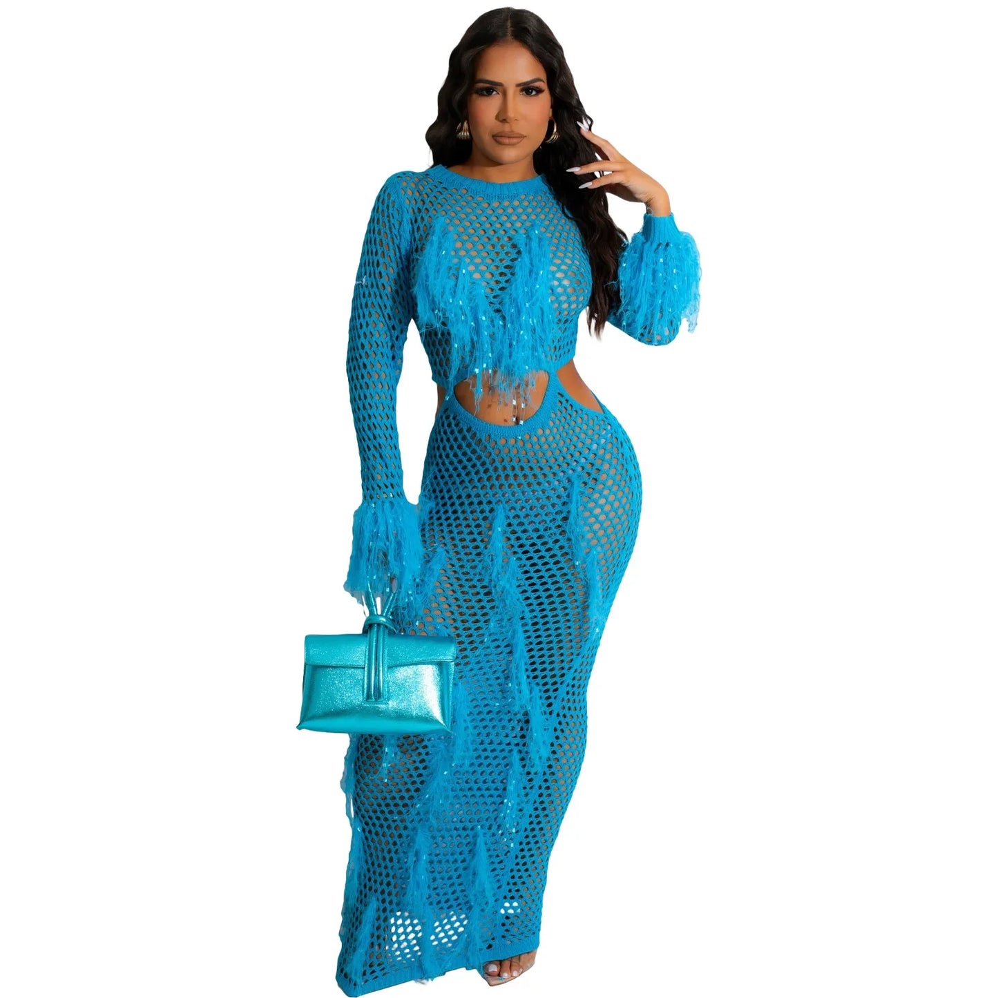 Fashion Women Cover Up Dress Sexy Hollow Out Knit Tassels Holiday Beachwear Long Sleeve Lady Maxi Beach Dresses Majesty Me