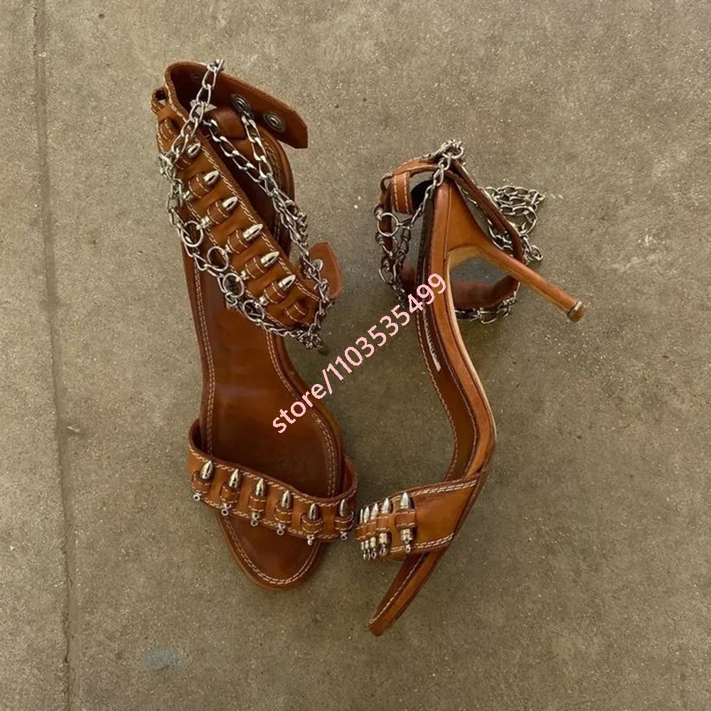 New Catwalk Bullet Chain Roman Sandals 2025 Ladies Stilettos Black/brown Summer Sexy Fashion Party Casual Open Toe Sandals Majesty Me