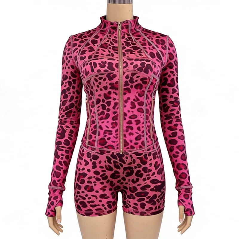 Leopard Print 2 Pieces Set for Women 2025 Trendy Outfits Sexy Gym Tracksuit Slim Zip up Tops and Shorts Matching Sets Club Wear Majesty Me