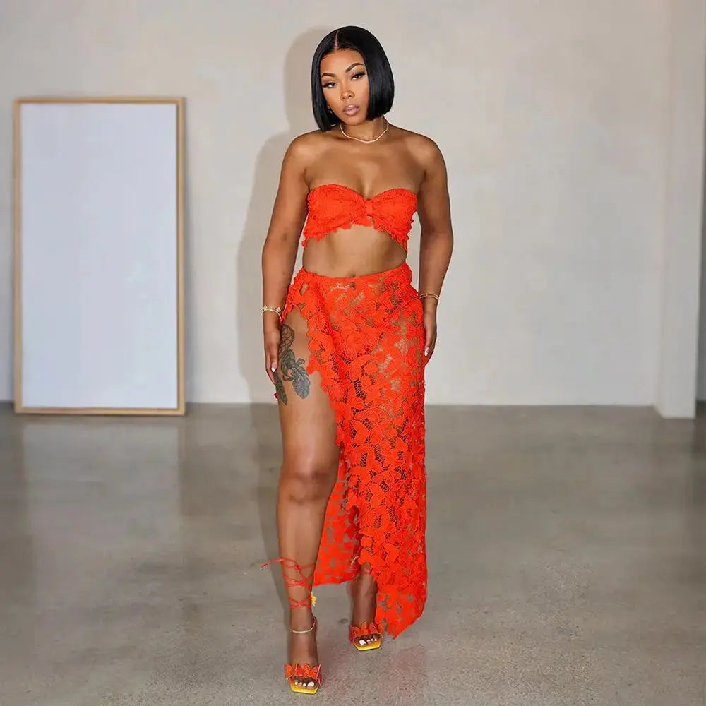 Summer Lace Three-Piece Set – Women’s Bikini Top, Sheer Skirt & Cover-Up | Elegant Neutral Beach Outfit Majesty Me Streetwear™