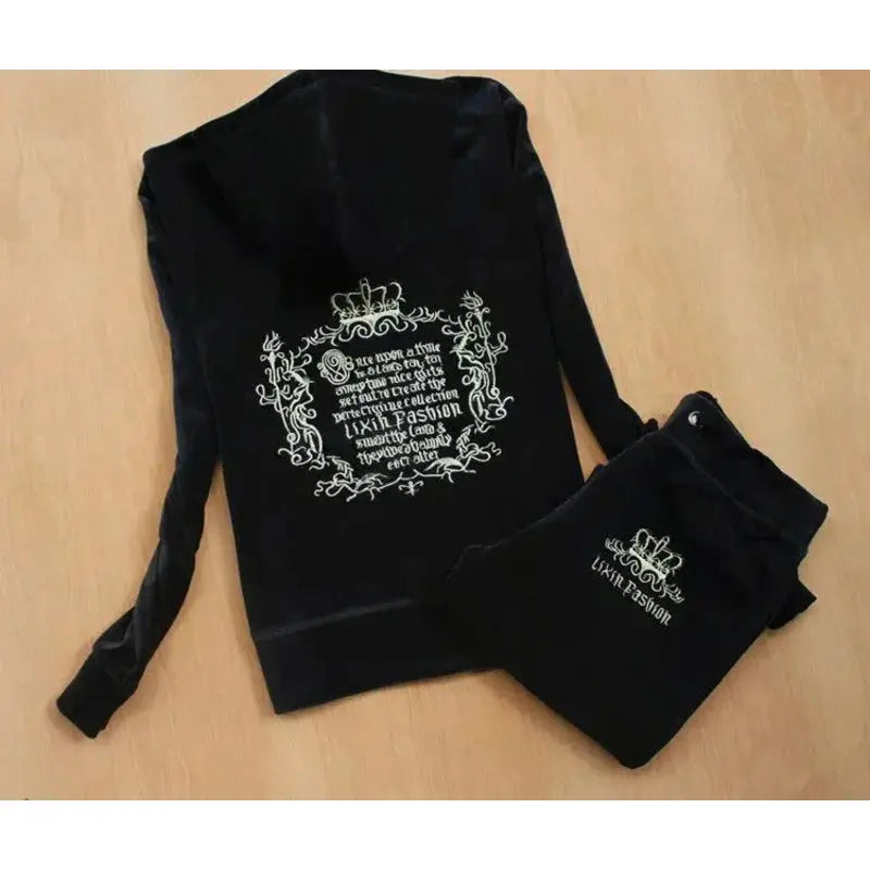 Jay Cee Velvet Crown Tracksuit – 2025 Spring Fall Women’s 2-Piece Set | Elegant Velour Sweatsuit with Royal Detailing Majesty Me