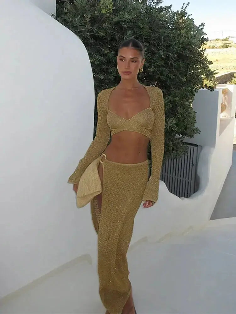 “Golden Hour Glow” Two-Piece Set – Shiny V-Neck Knit Top & Maxi Skirt Summer Outfit Majesty Me Streetwear™