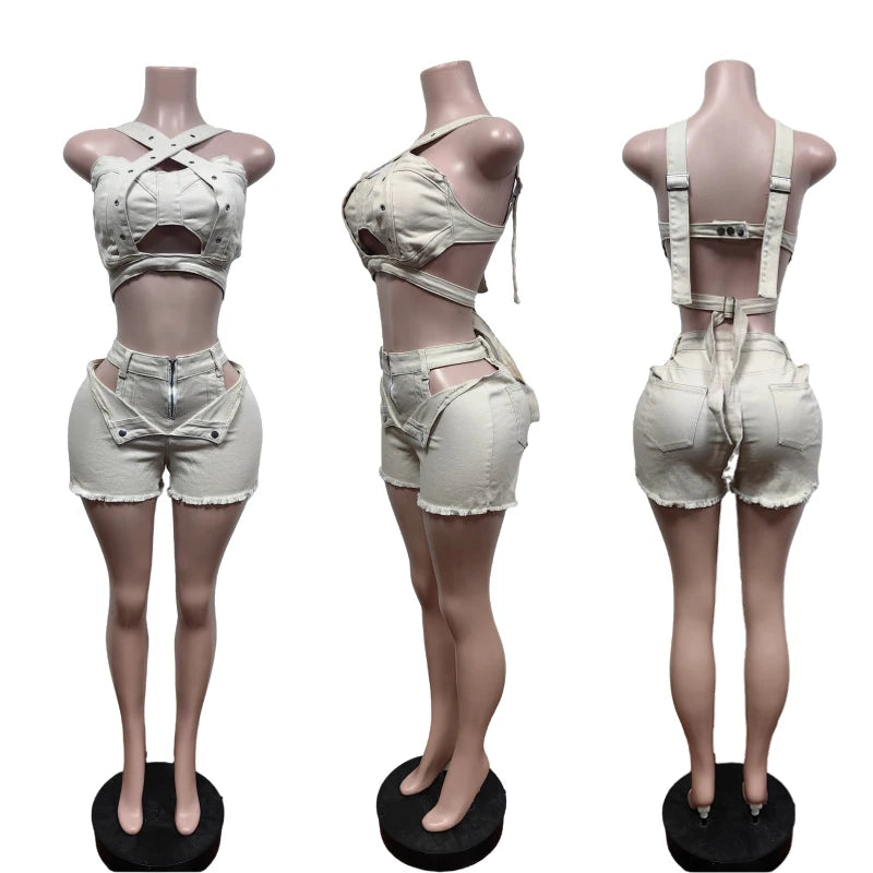 Sexy Jean Women Short Sets Straps Denim Crop Top and Cut Out Shorts Set 2025 Summer Clothes Streetwear Two 2 Piece Club Outfits Majesty Me