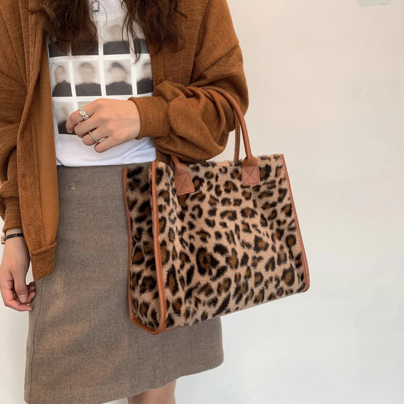 Winter Faux Fur ,Leopard Print Designer Shopper Totes, Fashion Soft Plush Women Shoulder Bags, Large Capacity Handbags and Purse Majesty Me