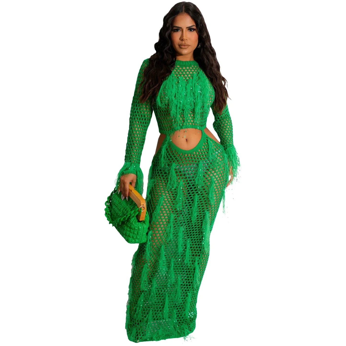 Fashion Women Cover Up Dress Sexy Hollow Out Knit Tassels Holiday Beachwear Long Sleeve Lady Maxi Beach Dresses Majesty Me