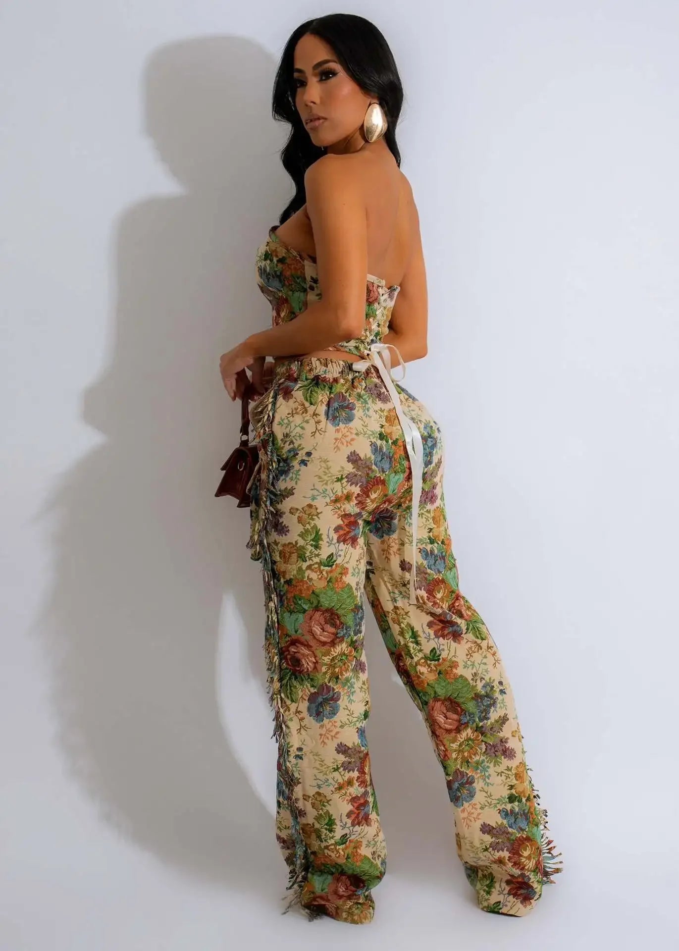 CM.YAYA Fashion Print Women's Set Strapless Top and Wide Leg tassel Pants Summer Cargo Street Two 2 Piece Set Outfit Tracksuit Majesty Me