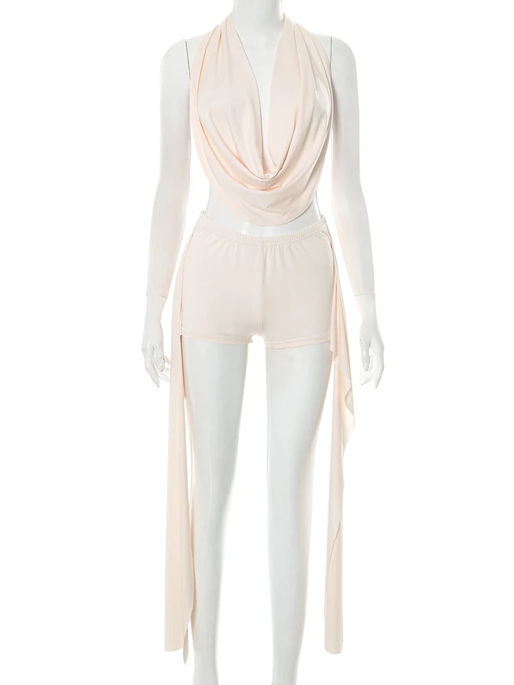 kliou Solid Sexy Women 2 Piece Set Summer Matching Outfits Halter Swinging Neck Backless Tops+Ribbons Slim Shorts Mujer Clubwear Majesty Me