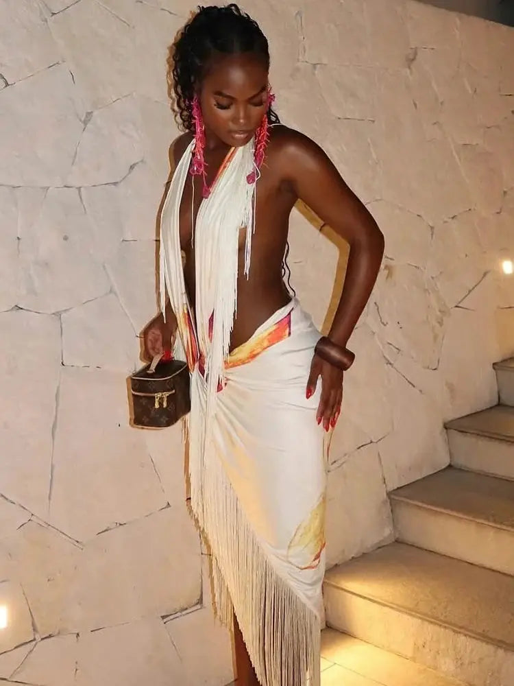 Tassel Halter Two-Piece Set – Women’s Knot Wrap Backless Crop Top & Split Skirt | Sexy Clubwear & Vacation Outfit Majesty Me Streetwear™