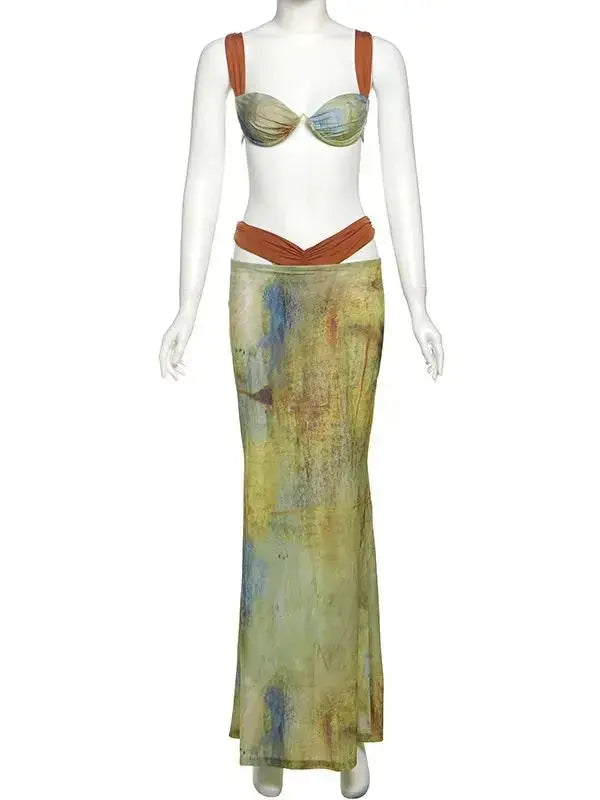 ropical Goddess Floral Two-Piece Set – Women’s Printed Bra Crop Top & Maxi Skirt | Summer Vacation Outfit Majesty Me Streetwear™