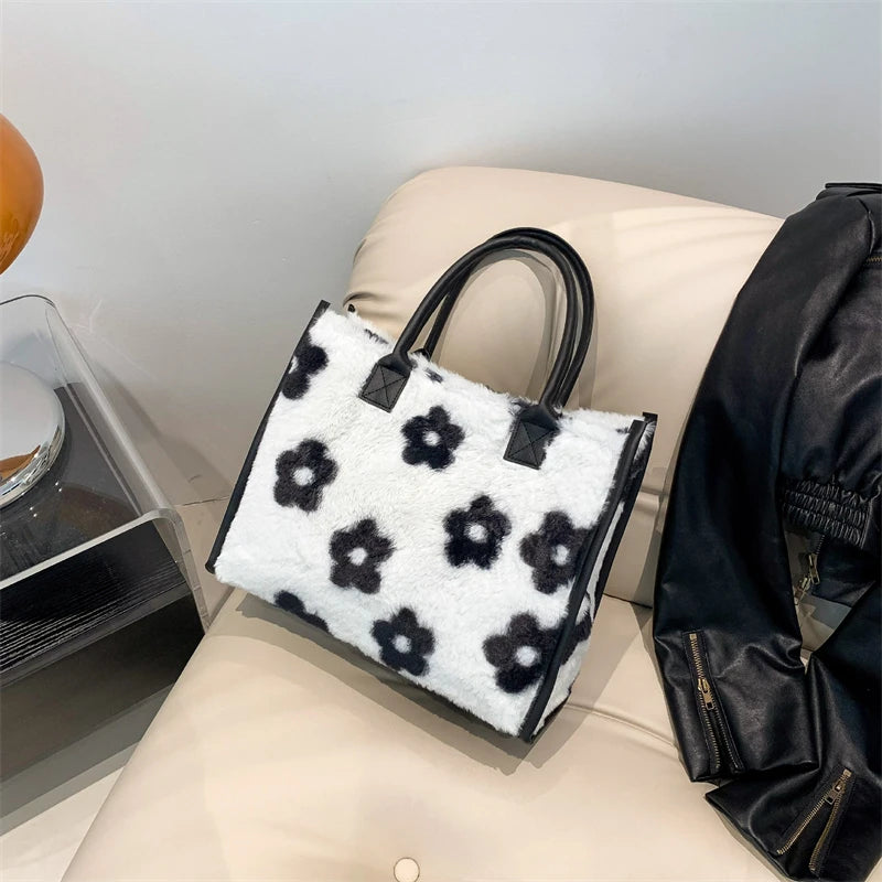 Winter Faux Fur ,Leopard Print Designer Shopper Totes, Fashion Soft Plush Women Shoulder Bags, Large Capacity Handbags and Purse Majesty Me