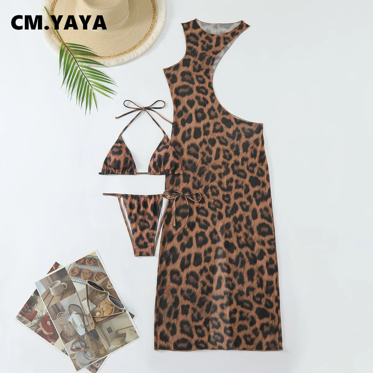 CM.YAYA Women Beach Bikini Set with Cutout Leopard Printed Sexy Long Bodycon Swimsuit Three 2 Piece Set Swimwear Bathing Suit Majesty Me