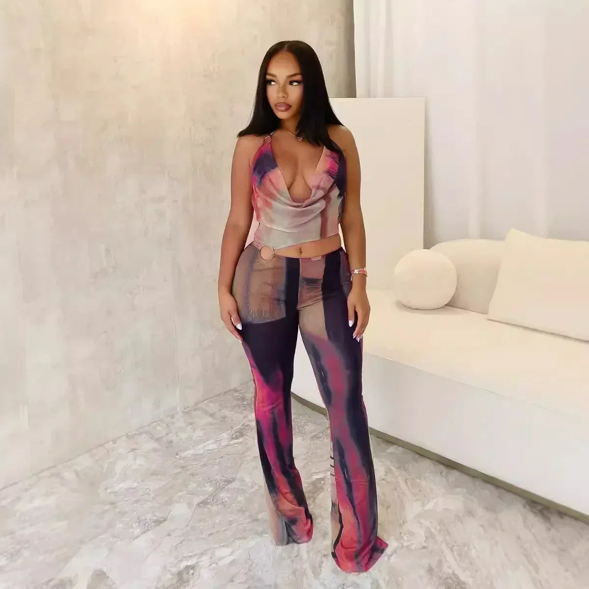 European and American Fashion Fashion Design Pure Desire Women Sexy Mesh Print Jumpsuit Majesty Me