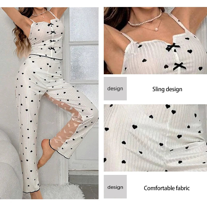 2-Piece Women's Sexy Transparent Mesh Lace Set with Ribbed Printed Strap Top and Pants Home Clothes Pajama Set Majesty Me