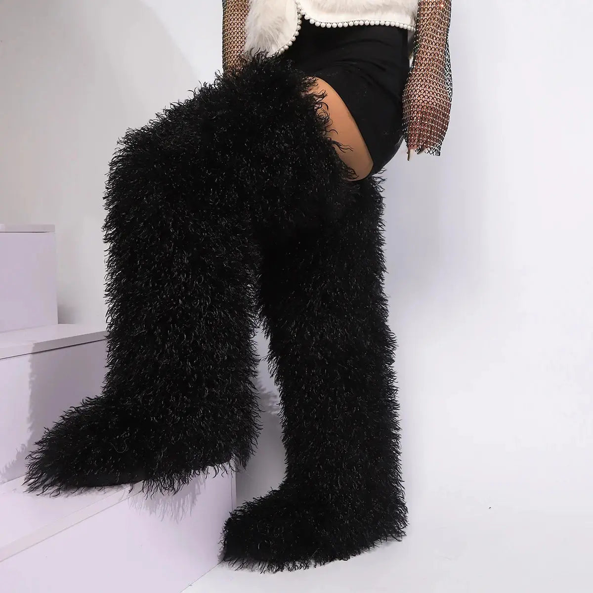 Royal Frost” Thigh-High Fur Boots – Luxe Mongolian Fox Snow Boots for the Modern It-Girl Majesty Me Streetwear™