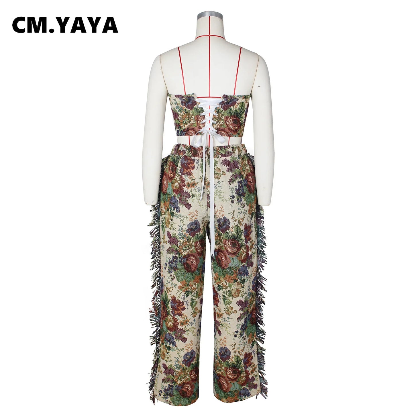 CM.YAYA Fashion Print Women's Set Strapless Top and Wide Leg tassel Pants Summer Cargo Street Two 2 Piece Set Outfit Tracksuit Majesty Me
