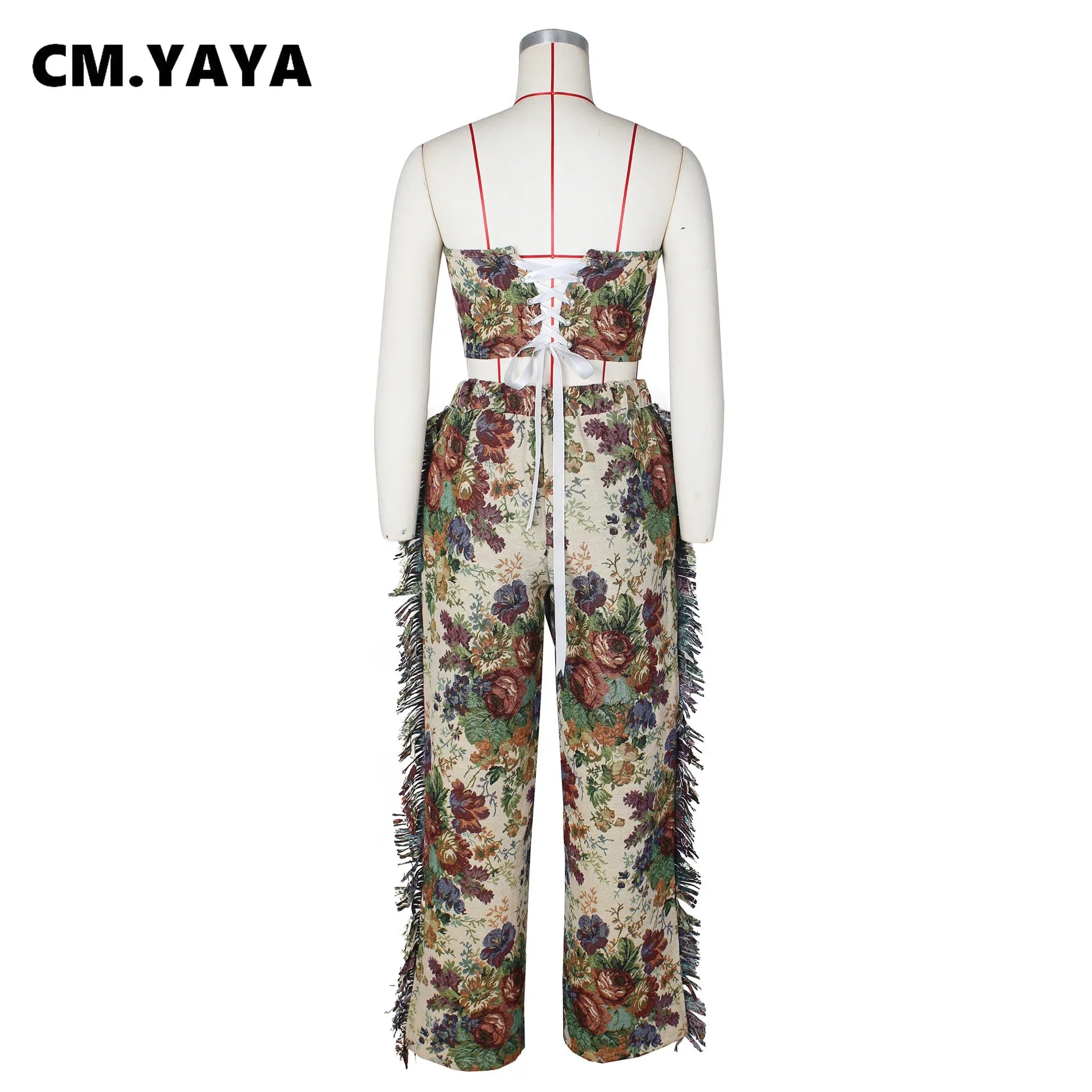 CM.YAYA Fashion Print Women's Set Strapless Top and Wide Leg tassel Pants Summer Cargo Street Two 2 Piece Set Outfit Tracksuit Majesty Me