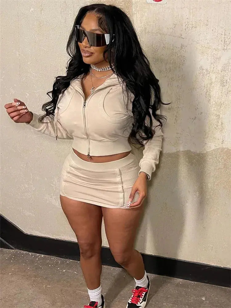 Zip Crop Jacket & Bodycon Skirt Set – Women’s Solid Two-Piece Outfit | Casual Streetwear Co-ord for Spring Majesty Me Streetwear™