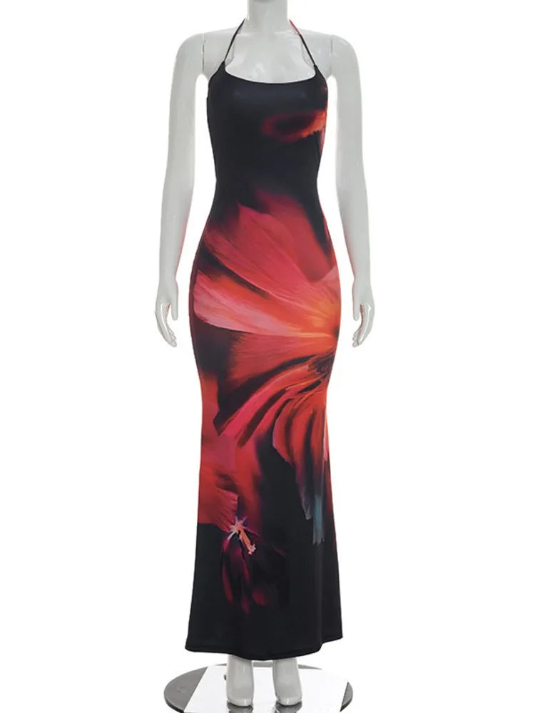 Oniflyme Sexy Backless Bandage Floral Print Patchwork Women Maxi Dress Low Chest Sleeveless High Waist Skinny Club Evening Dress Majesty Me