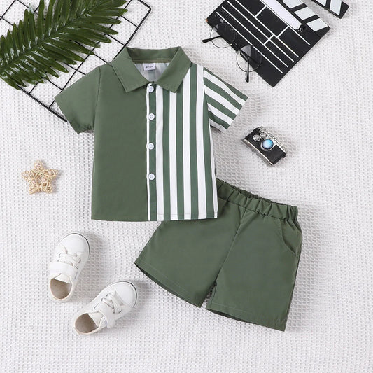 2-piece set of fashionable and casual solid color splicing short sleeved shirt top and shorts for baby boys, summer Majesty Me