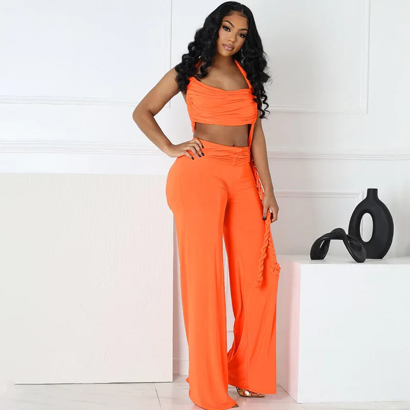 FAGADOER Sexy Ruched Patchwork Bodycon Jumpsuits For Woman Halter Sleeveless Wide-leg Romper Female Streetwear Overalls 2025 New Majesty Me