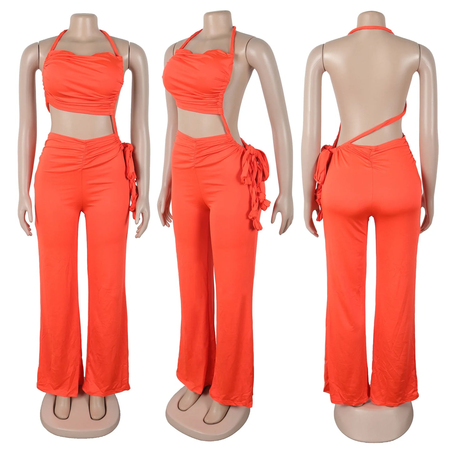 FAGADOER Sexy Ruched Patchwork Bodycon Jumpsuits For Woman Halter Sleeveless Wide-leg Romper Female Streetwear Overalls 2025 New Majesty Me