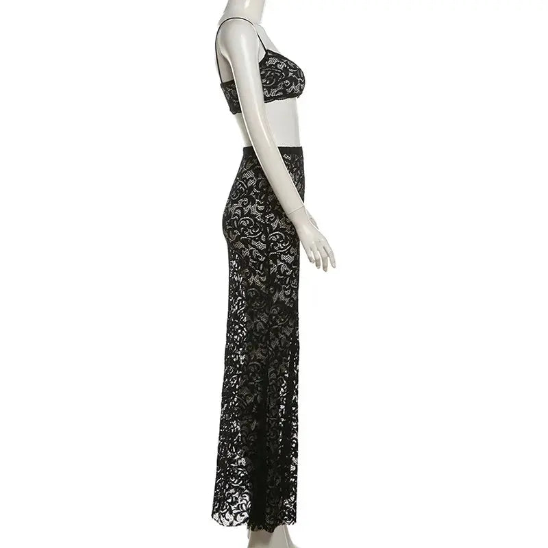 Midnight Muse Lace Two-Piece Set – Sheer Camisole Crop Top & Bodycon Maxi Skirt | Sexy Clubwear & Vacation Outfit Majesty Me Streetwear™