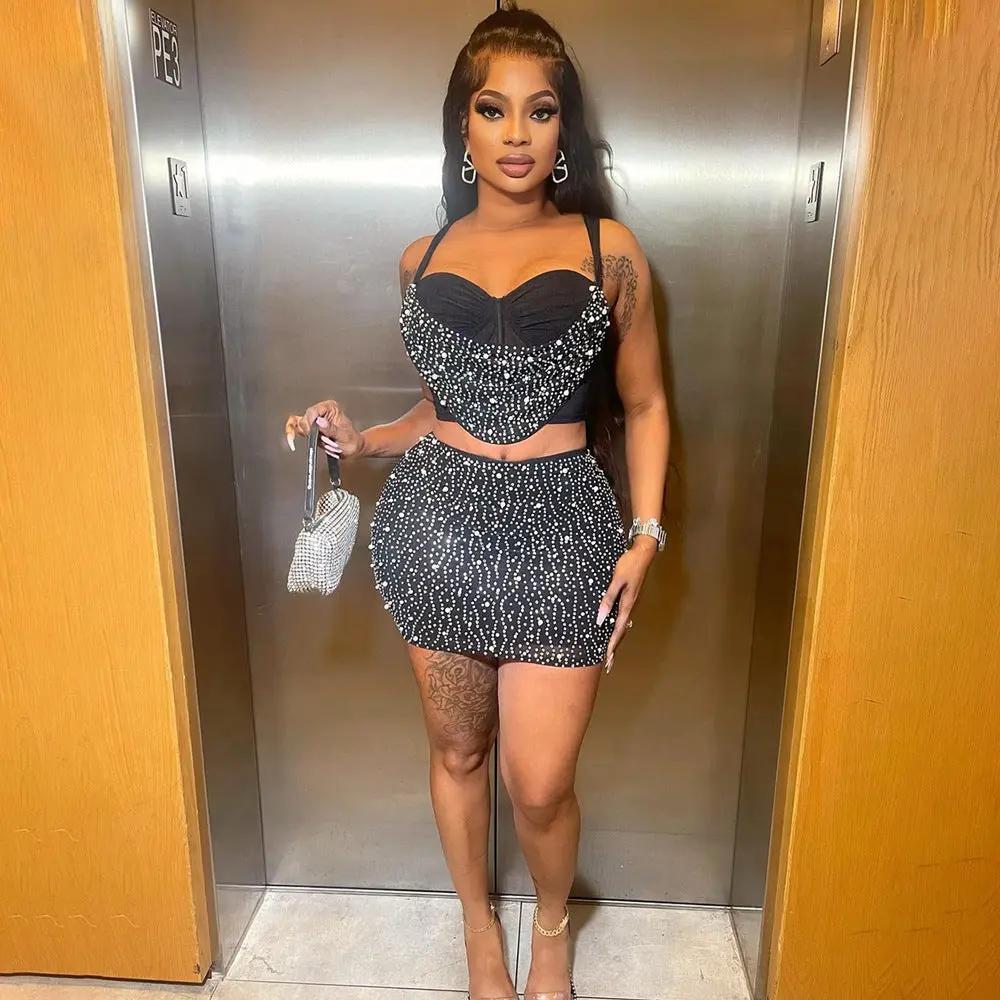 Diamond Dreams Rhinestone Two-Piece Set – Women’s Strap Crop Top & Mini Skirt | Sexy Party & Clubwear Outfit Majesty Me Streetwear™