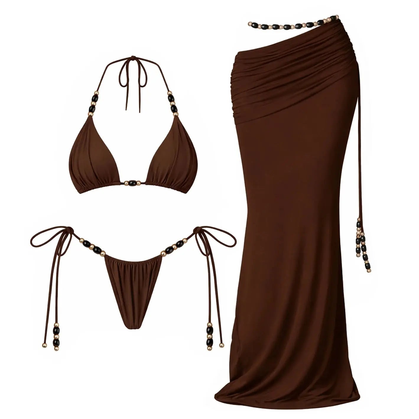 Green Beaded 3-Piece Bikini Set with Mesh Cover Up Skirt | Majesty Me Majesty Me