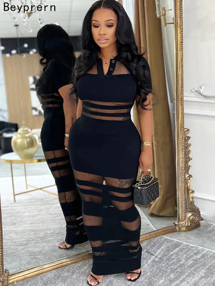 Women’s Striped Sheer Maxi Polo Dress – Lightweight Long Sleeve Layered Dress Majesty Me Streetwear™