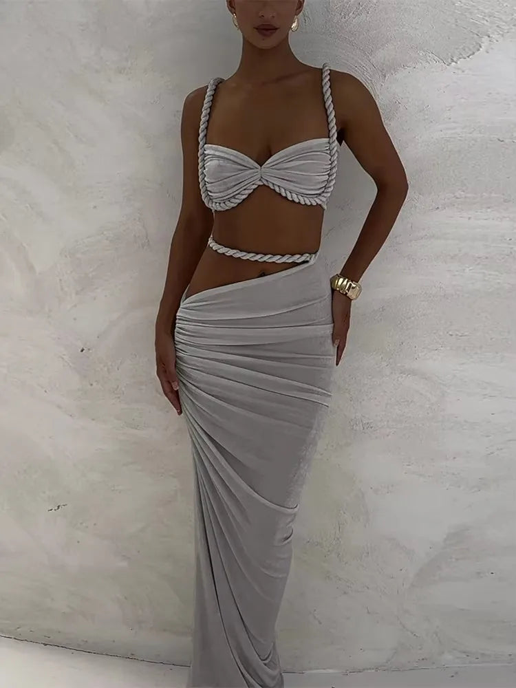 Weird Puss Bandage Ruched 2 Piece Set Women Square Collar Bra+Skinny Long Skirts 2025 Summer Vacation Beach Party Trend Suits Majesty Me