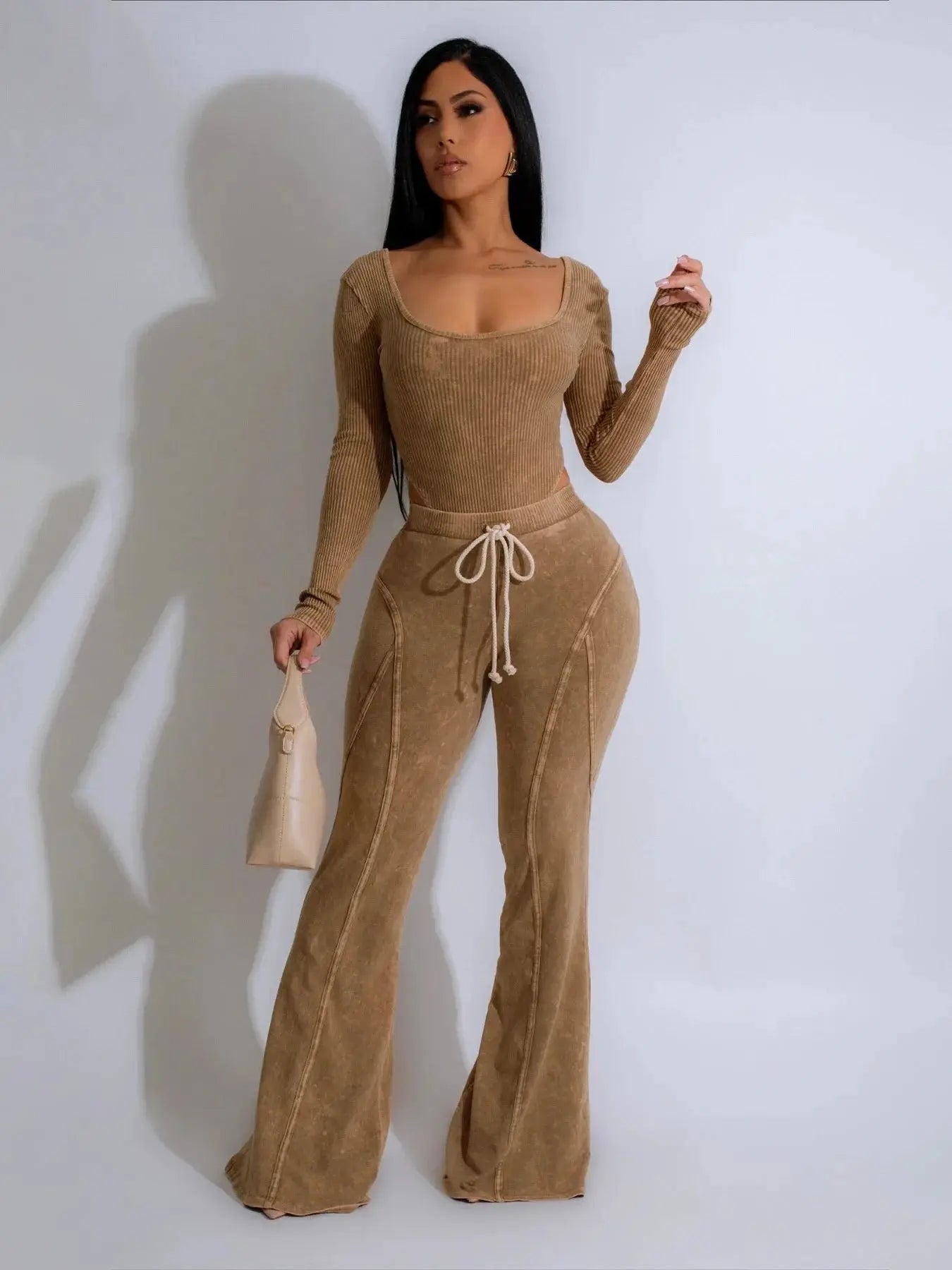 “Soft Motion” Knit Set – Long Sleeve Bodysuit & Flared Pants Tracksuit Majesty Me Streetwear™