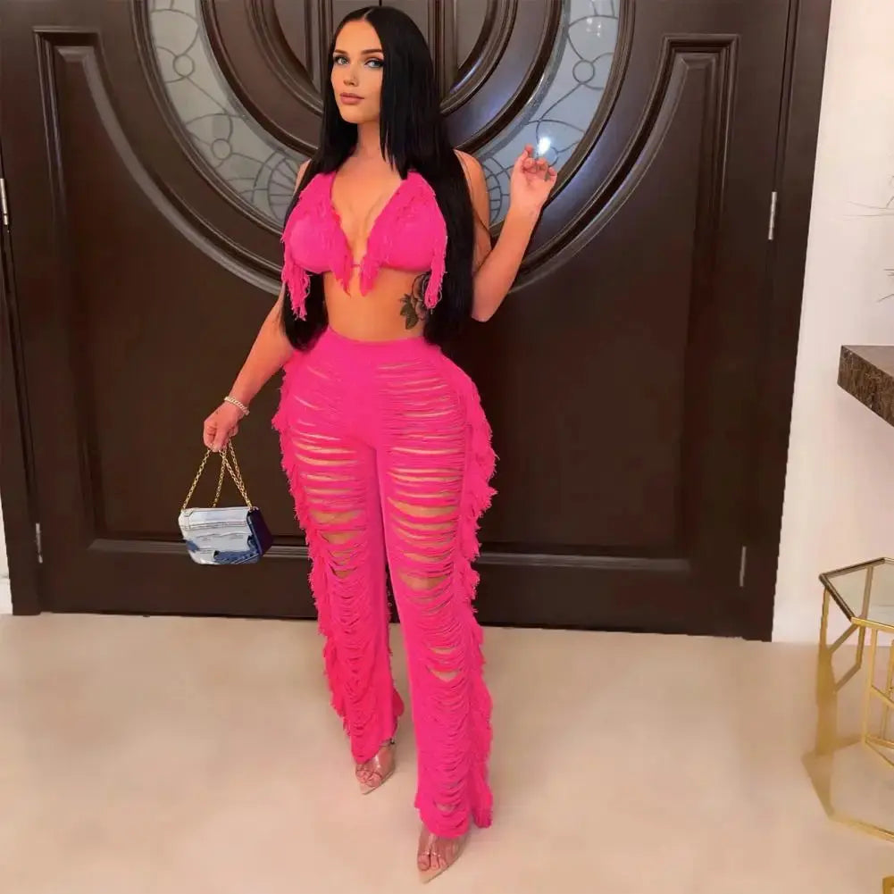 “Tropical Dream” Tassel Set – Lace-Up Halter Crop Top & High-Waist Beach Pants Majesty Me Streetwear™