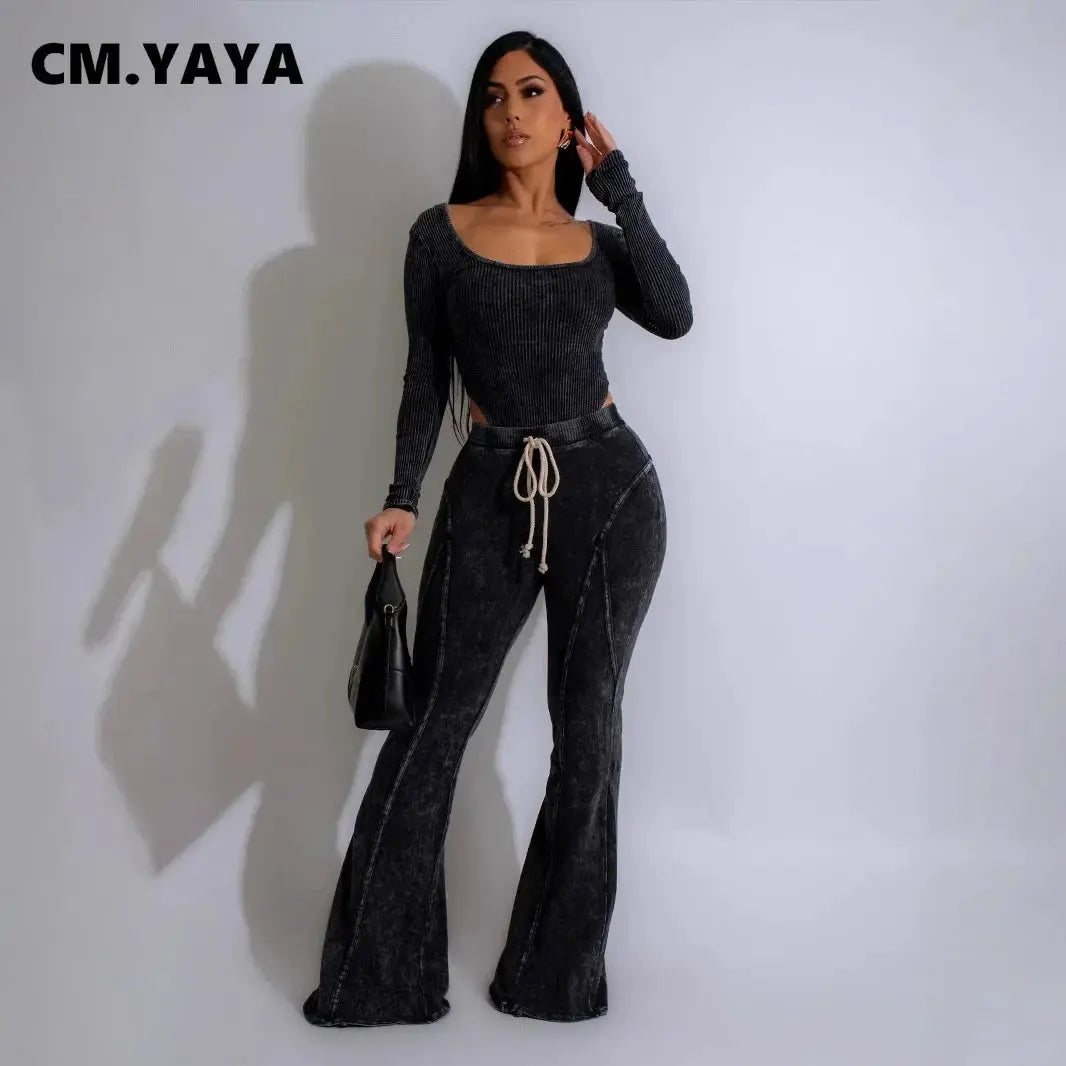 “Soft Motion” Knit Set – Long Sleeve Bodysuit & Flared Pants Tracksuit Majesty Me Streetwear™