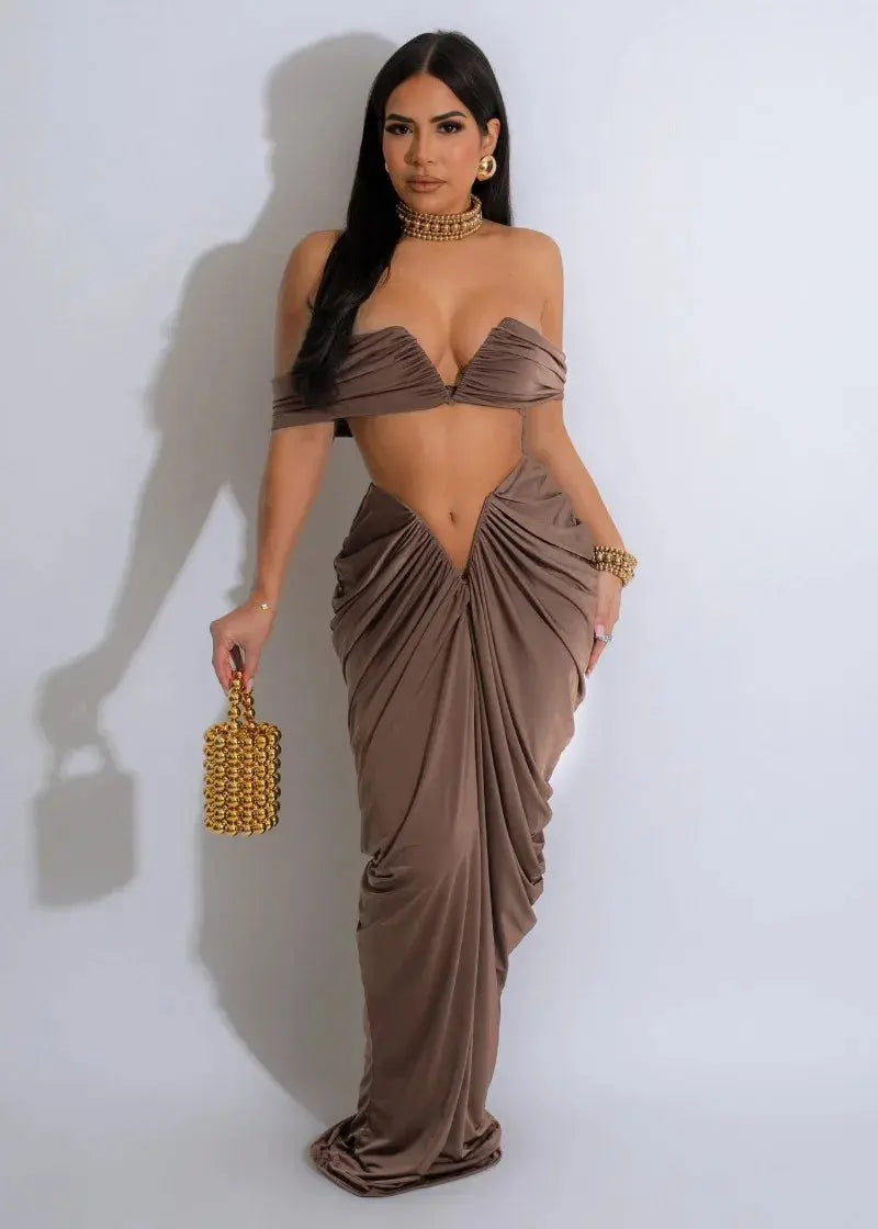 “Midnight Allure” Two-Piece Ruched Maxi Set – Off-Shoulder Crop Top & Long Skirt Party Outfit Majesty Me