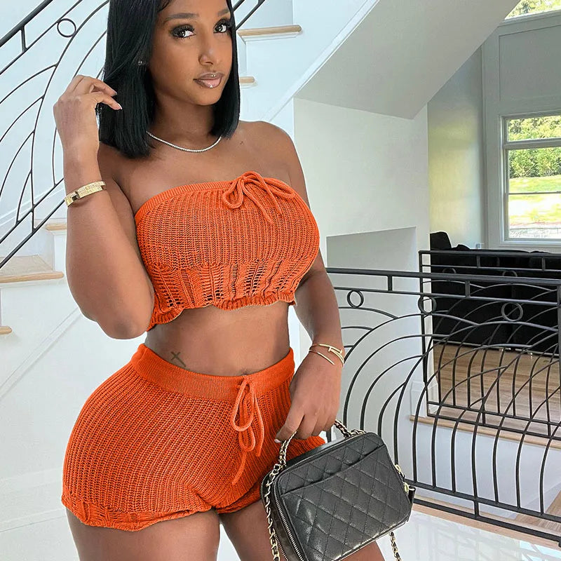 Sexy Knitted Two Piece Women Shorts Sets Skinny Tube Crop Top + Shorts Stretchy Vacation Party Club Outfits Matching Sets Summer Majesty Me