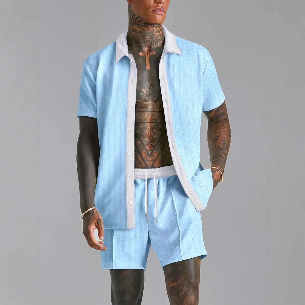 Summer Men's casual suit patchwork transparent lapel short-sleeved shirt & Shorts Stylish and comfortable two-piece streetwear Majesty Me