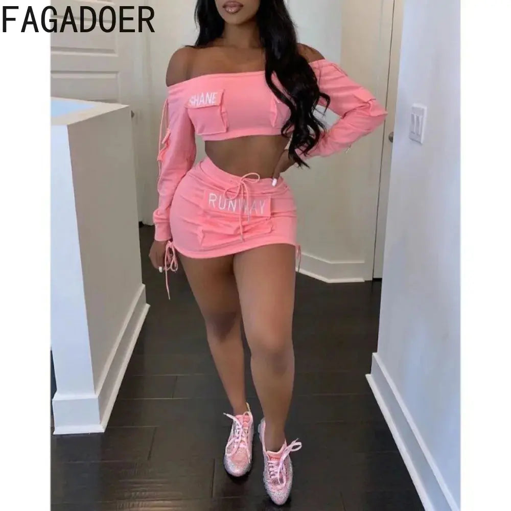 Y2K Pink Letter Print Two-Piece Set – Off-Shoulder Crop Top & Drawstring Pocket Skirt | Sexy Streetwear Matching Outfit Majesty Me Streetwear™