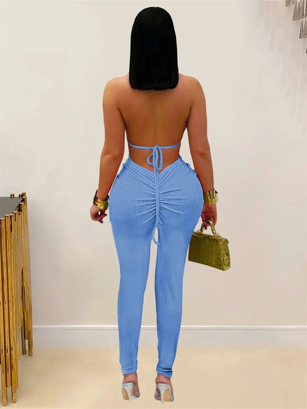 Snatched Peach Backless Jumpsuit – Ruched Halter Bodycon Majesty Me