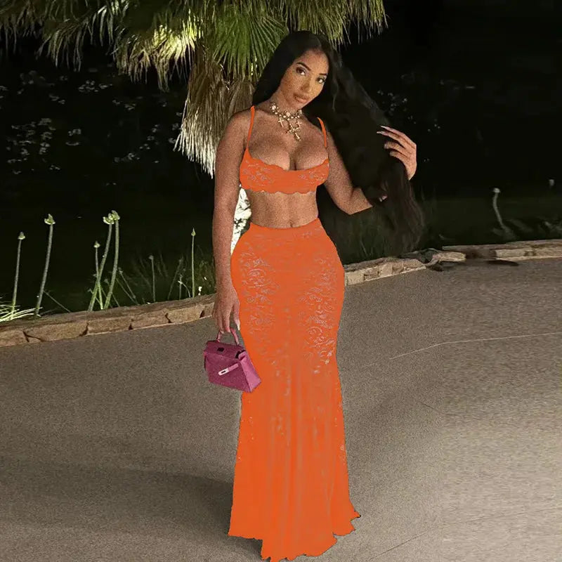Midnight Muse Lace Two-Piece Set – Sheer Camisole Crop Top & Bodycon Maxi Skirt | Sexy Clubwear & Vacation Outfit Majesty Me Streetwear™