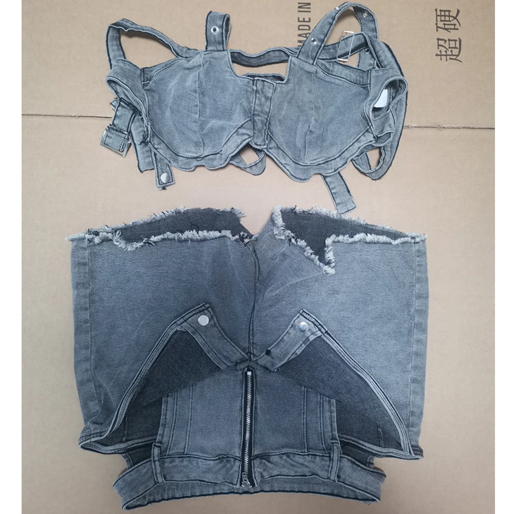 Sexy Jean Women Short Sets Straps Denim Crop Top and Cut Out Shorts Set 2025 Summer Clothes Streetwear Two 2 Piece Club Outfits Majesty Me