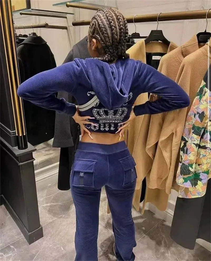 Jay Cee Velvet Crown Tracksuit – 2025 Spring Fall Women’s 2-Piece Set | Elegant Velour Sweatsuit with Royal Detailing Majesty Me
