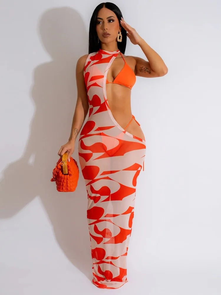 Fashion Print Slim Dress Bikini Three Piece Set Women Sexy Hollow Out Package Hip Bodycon Mesh Dresses Sets Trendy Lady Clothing Majesty Me