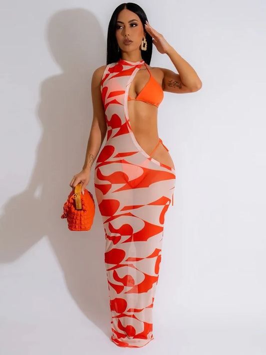 Fashion Print Slim Dress Bikini Three Piece Set Women Sexy Hollow Out Package Hip Bodycon Mesh Dresses Sets Trendy Lady Clothing Majesty Me