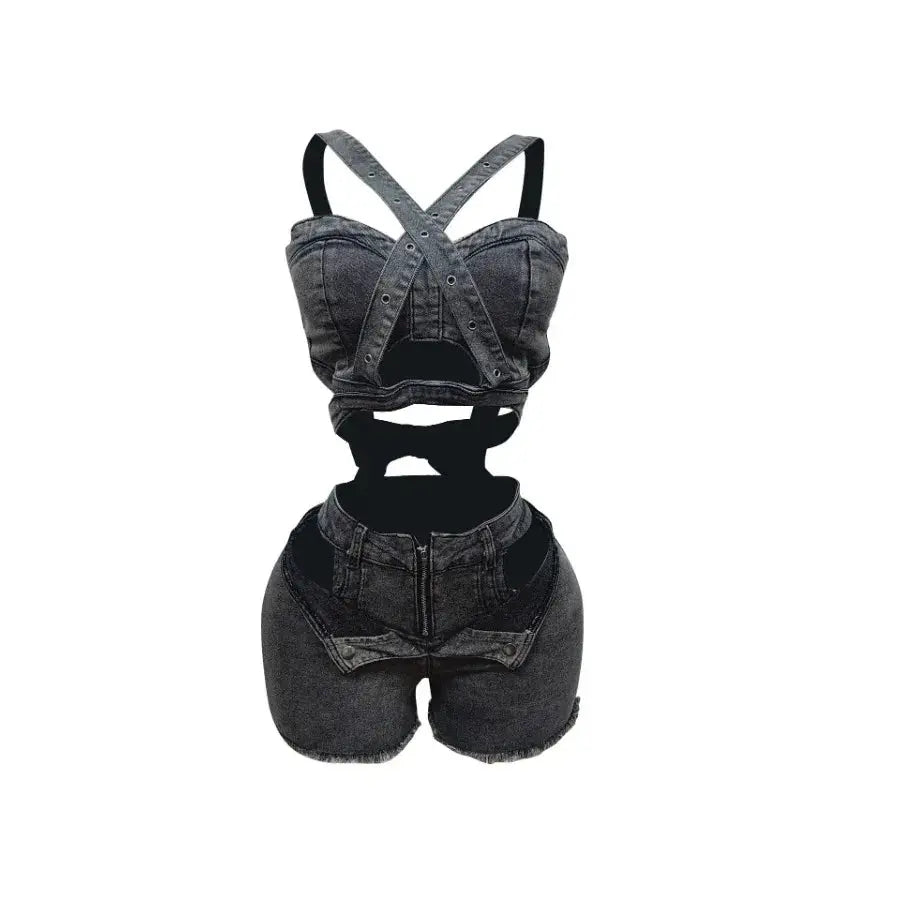 Denim Dream Two-Piece Set – Women’s Strap Vest Crop Top & Pocket Shorts | Sexy Streetwear Summer Outfit 2025 Majesty Me Streetwear™