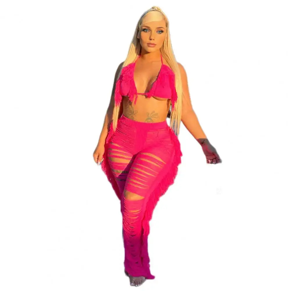 “Tropical Dream” Tassel Set – Lace-Up Halter Crop Top & High-Waist Beach Pants Majesty Me Streetwear™