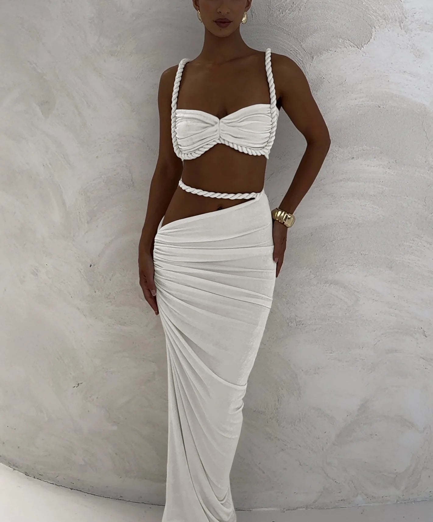 Weird Puss Bandage Ruched 2 Piece Set Women Square Collar Bra+Skinny Long Skirts 2025 Summer Vacation Beach Party Trend Suits Majesty Me