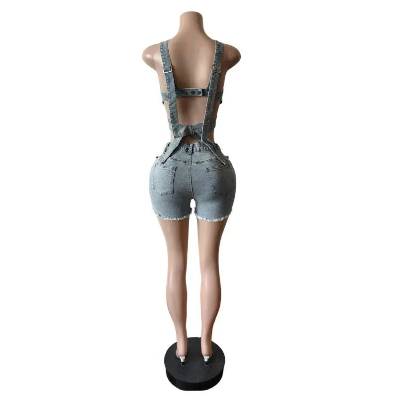 Denim Dream Two-Piece Set – Women’s Strap Vest Crop Top & Pocket Shorts | Sexy Streetwear Summer Outfit 2025 Majesty Me Streetwear™