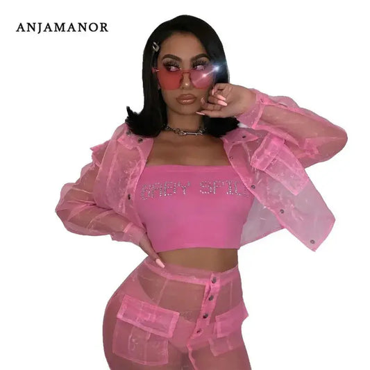 Pink Organza Mesh Two-Piece Set – Women’s Sheer Jacket & Mini Skirt | Sexy Clubwear Matching Outfit Majesty Me Streetwear™