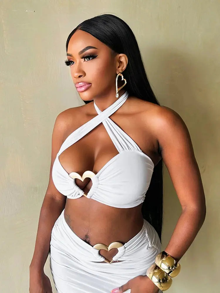 Love Rings Patchwork 2 Piece Set Cross Women Halter Crop Tops+Ruched Hollow Skirts Matching Hottie Street Trend Suits Majesty Me